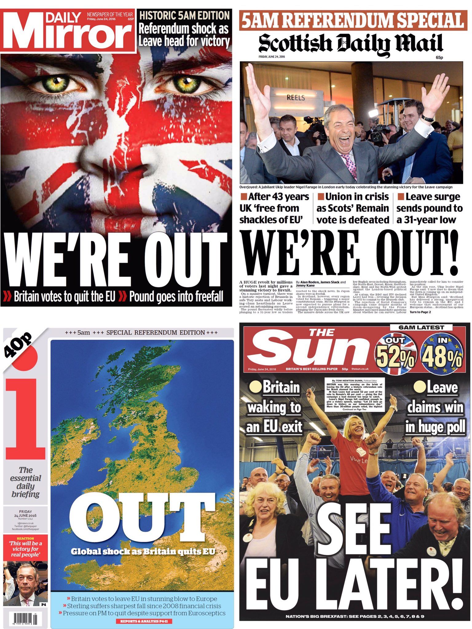 La evolución de las portadas de los diarios británicos la noche del recuento