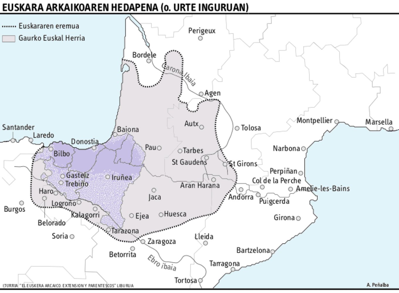 Mapa del domini lingüstic de l'euskera durant l'Edat Mitjana. Font Nabarralde