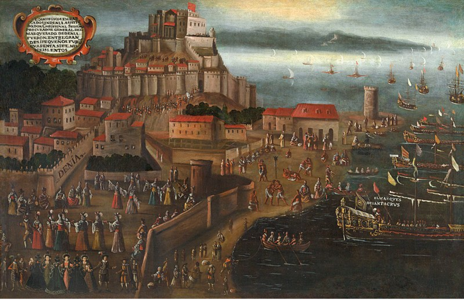 Representació de l'expulsió dels moriscos al port de Dènia. Font Wikimedia Commons
