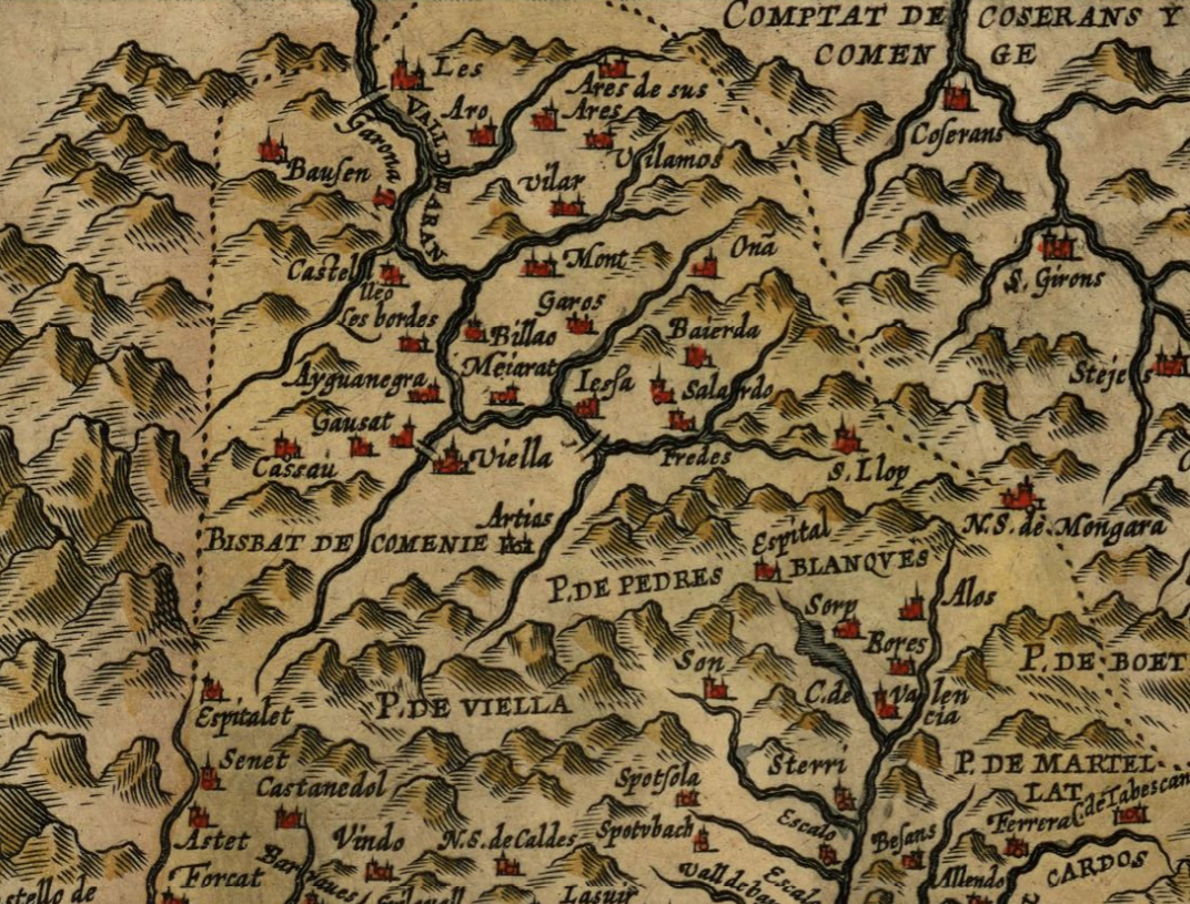 Mapa d'Aran. Fragment d'un mapa de Catalunya (1608), obra del cartograf Ortelius. Font Cartoteca de Catalunya