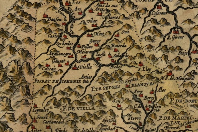 Mapa de Arán. Fragmento de un mapa de Catalunya (1608), obra del cartograf Ortelius. Fuente Cartoteca de Catalunya