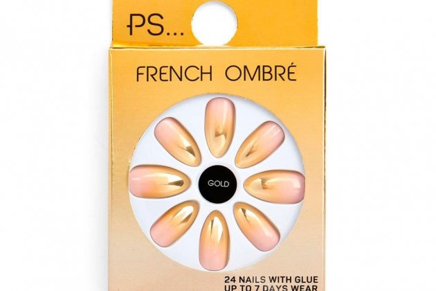 Set de uñas postizas puntiagudas y brillantes de color dorado y efecto degradado de Ps
