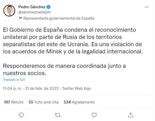 TUIT pedro sánchez putin reconoce soberanía territorios ucrania