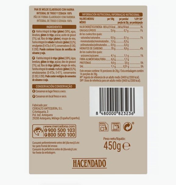 Pan de molde 100% integral sin corteza Hacendado
