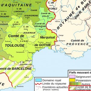 Mor Lotari, l'últim rei carolingi dels catalans. Mapa del sud del regne de França cap a l'any 1000. Font Wikimedia Commons