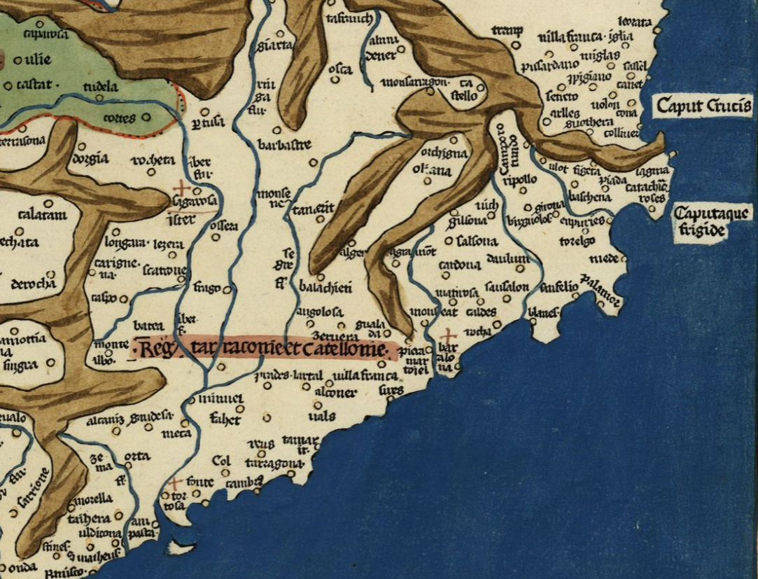 Fragmento de un mapa de la península ibérica (siglo XV). Fuente Cartoteca de Catalunya