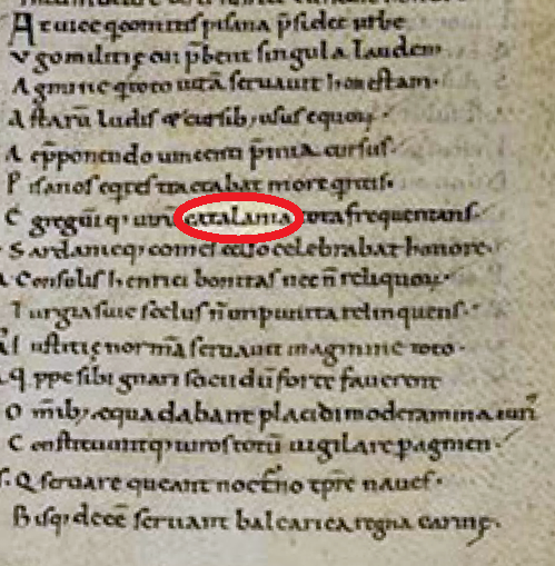 Fragmento del Liber Maiolichinus donde aparece el sustantivo Catalania. Fuente Biblioteca Universitaria de Pisa