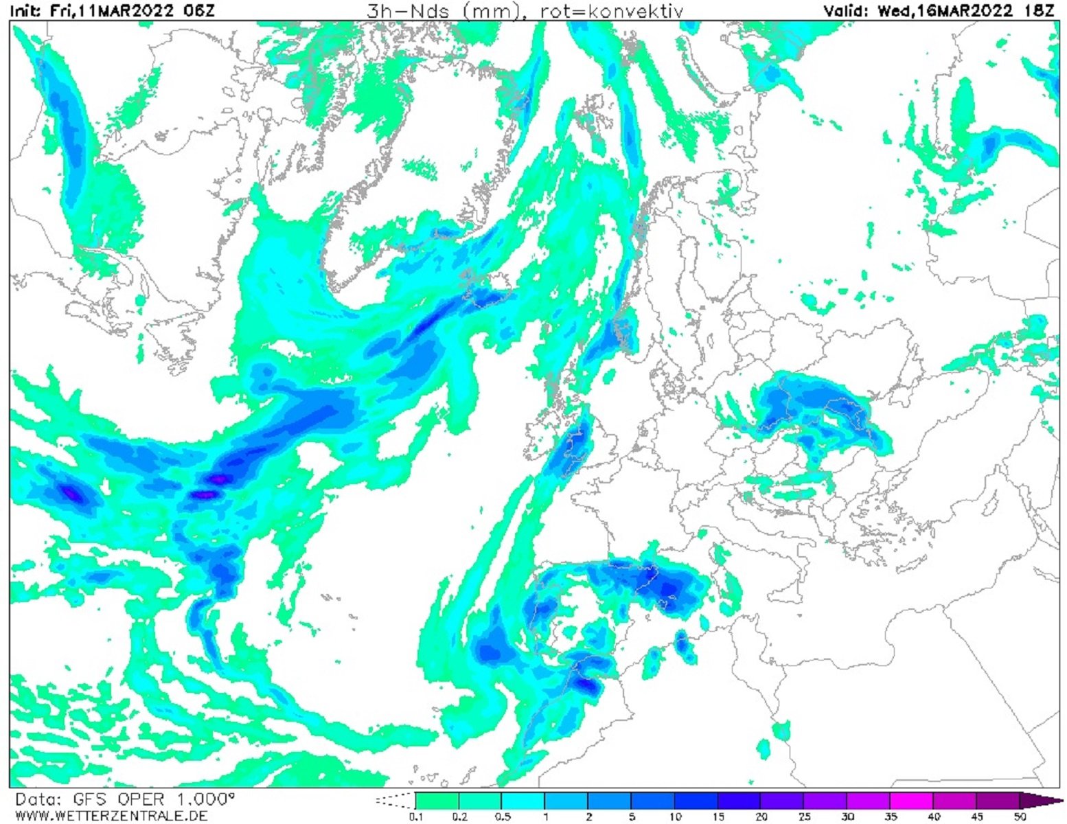 Mapa pluges dimecres, 16 de març / Imatge: Wetterzentrale