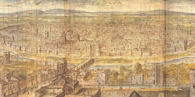 Vista de Valencia (siglo XVI). Fuente Wikimedia Commons