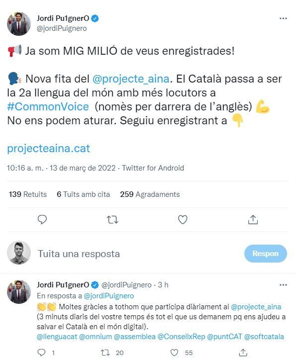 TUIT jordi puigneró medio millón projecte aina