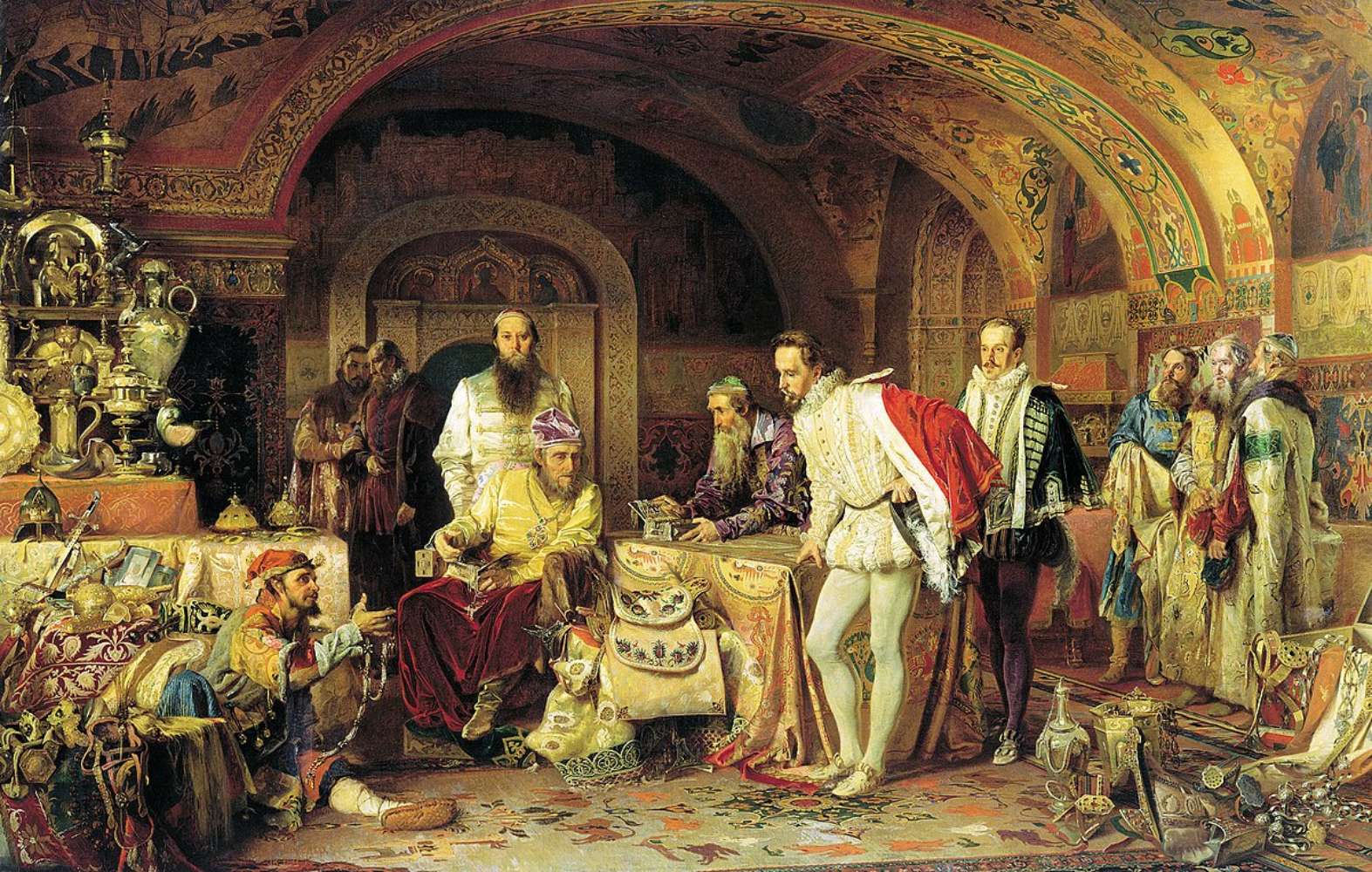 Representación moderna de la corte de Moscú en el siglo XVI, durante la visita de los comerciantes ingleses (1875). Fuente Russian Museum. Saint Petesbrug