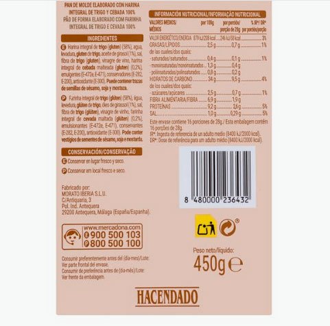 Pa de motllo 100% integral sense escorça|crosta d'Hacendado 0% sucres afegits