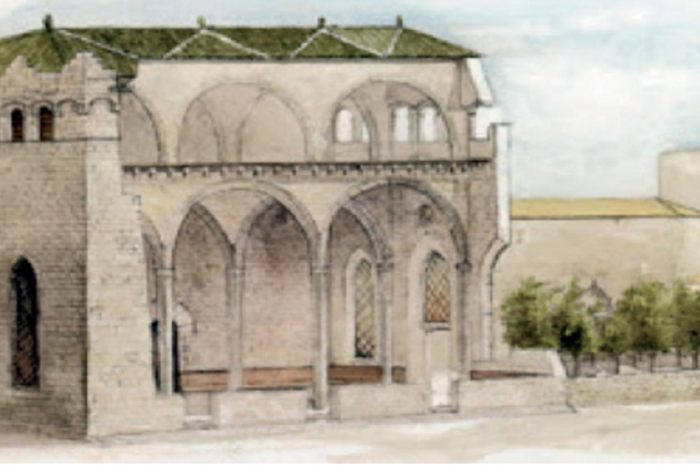 Representación idealizada de la Casa de la Lonja|Palco en el siglo XIV. Fuente Casa de la Lonja|Palco