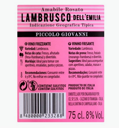 Lambrusco dell'Emilia rosado espumoso de Piccolo Giovanni