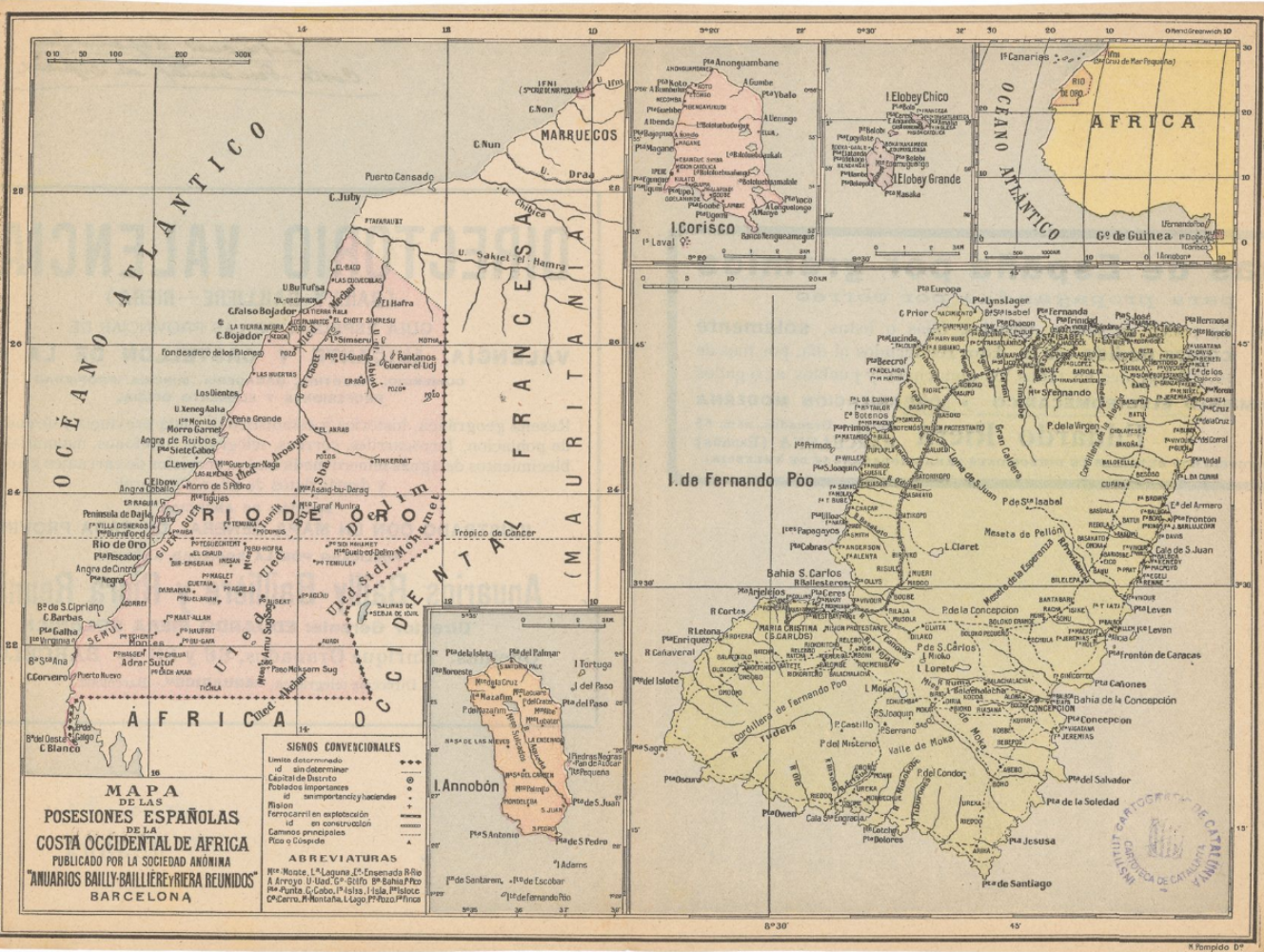 Mapa de las colonias españolas en el África (1900). Fuente Cartoteca de Catalunya