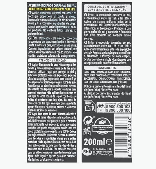 Oli bronzejador de coco Deliplus sense protecció solar