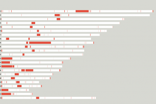 Cada barra blanca representa un cromosoma a escala, en vermell les seqüències que encara ens faltaven per cobrir. Imatge de V. Altounian amb les dades del Consorci T2T, extreta de doi 10.1126 science.abp8653)