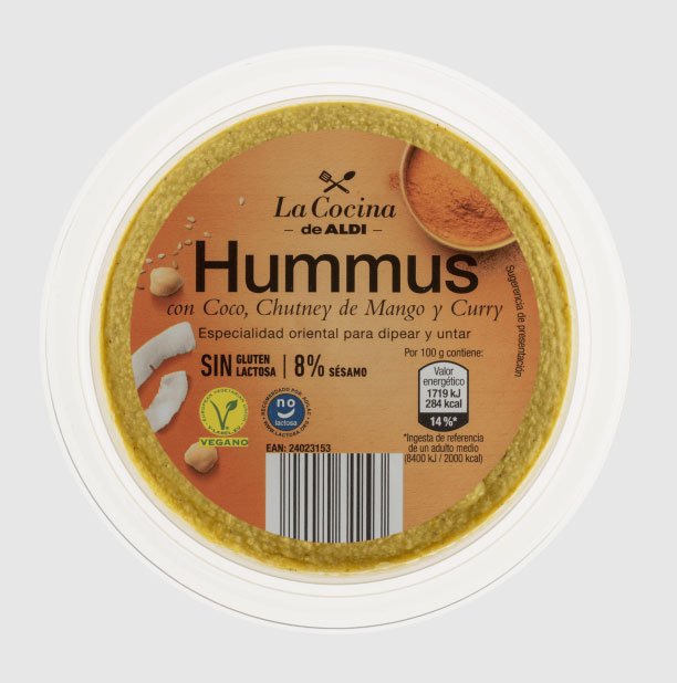 Hummus coco, chutney de mànec|mango i curri