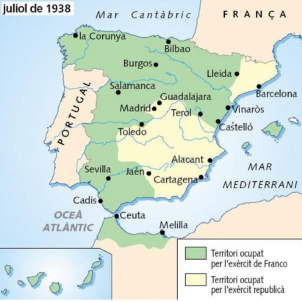 L'exèrcit rebel franquista aïlla Catalunya de la resta de la zona republicana. Mapa després del trencament de la zona republicana. Font Xtec