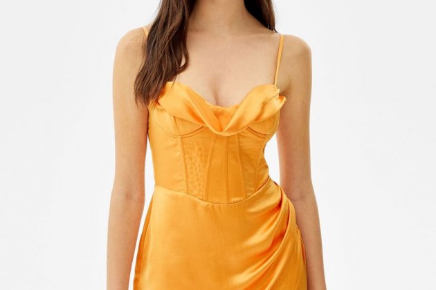 Vestido mini satinado corsé drapeado1