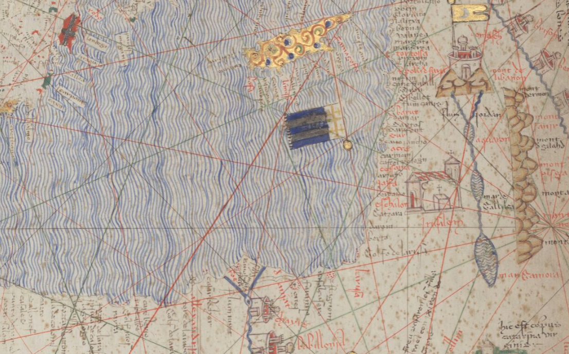 Fragmento del Atlas Catalán (1375) obra de Abrahán Cresques. La Mediterrania oriental (Egipto, Tierra Santa y Chipre). Fuente Bibliotheque Nationale de France