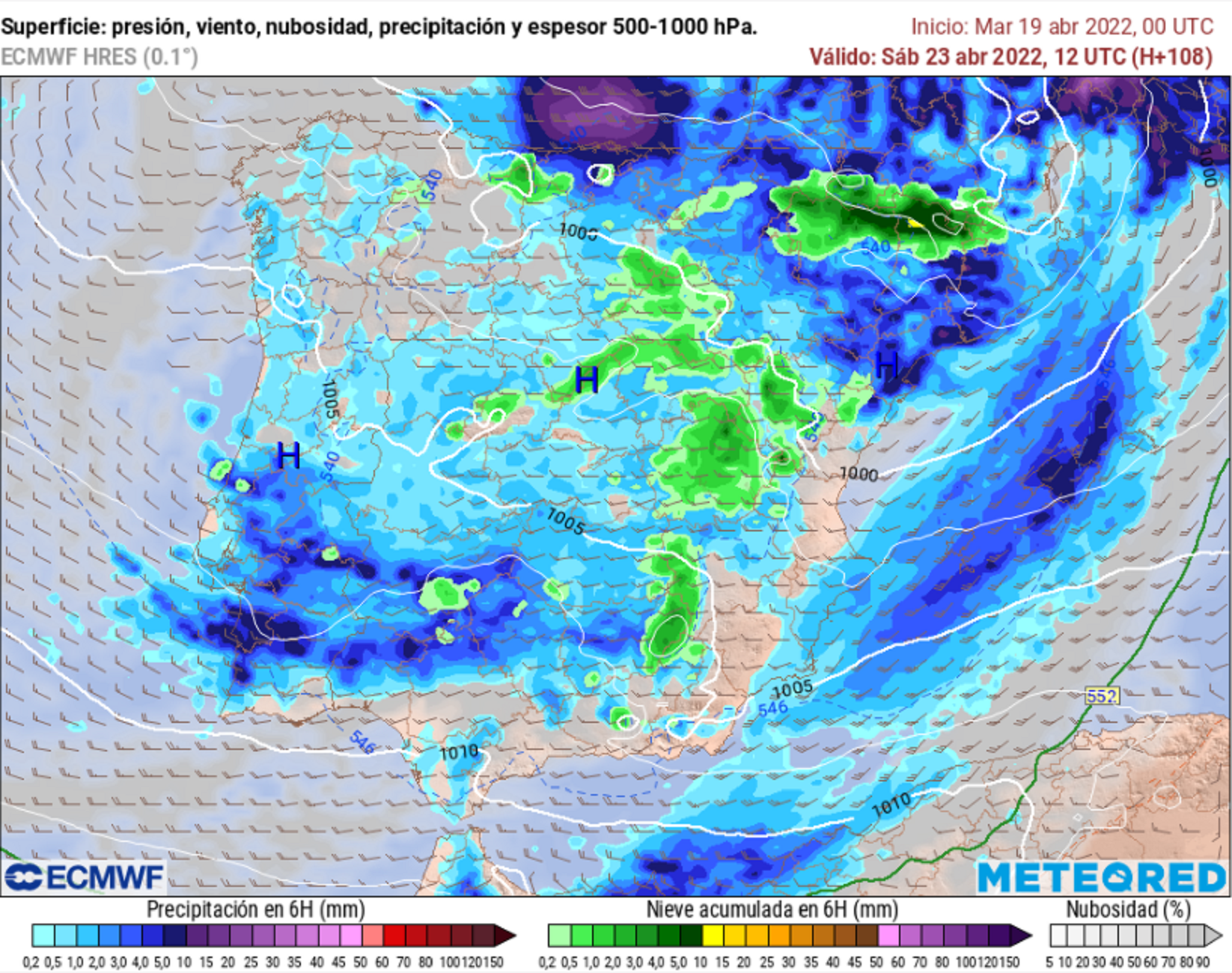 Mapa previsto Sant Jordi 2022 / Imagen: ECMWF Meteored