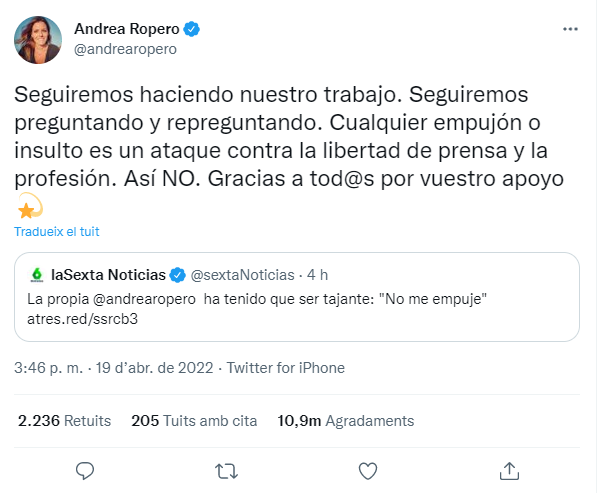 TUIT andrea ropero tras empujón miguel ángel rodríguez TUIT andrea ropero tras empujón miguel ángel rodríguez