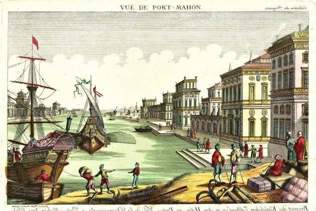 Canvi de cromos entre britanics i hispanics. Gravat del port de Maó durant la dominació britànica.