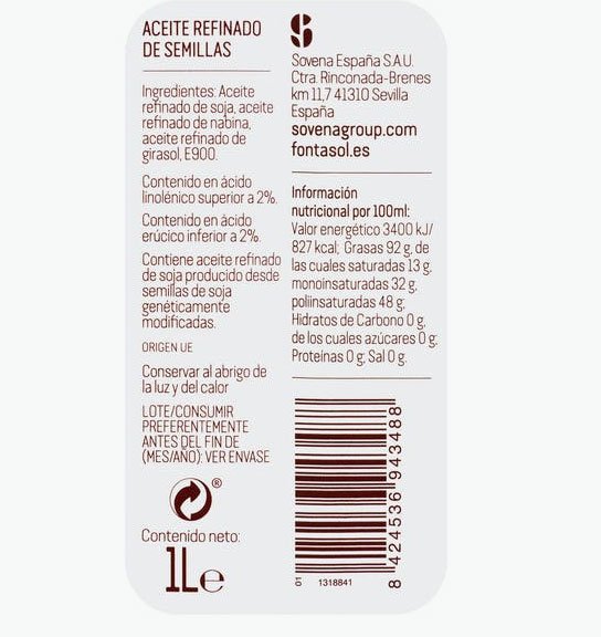 Aceite de semillas refinado Fontasol para freír