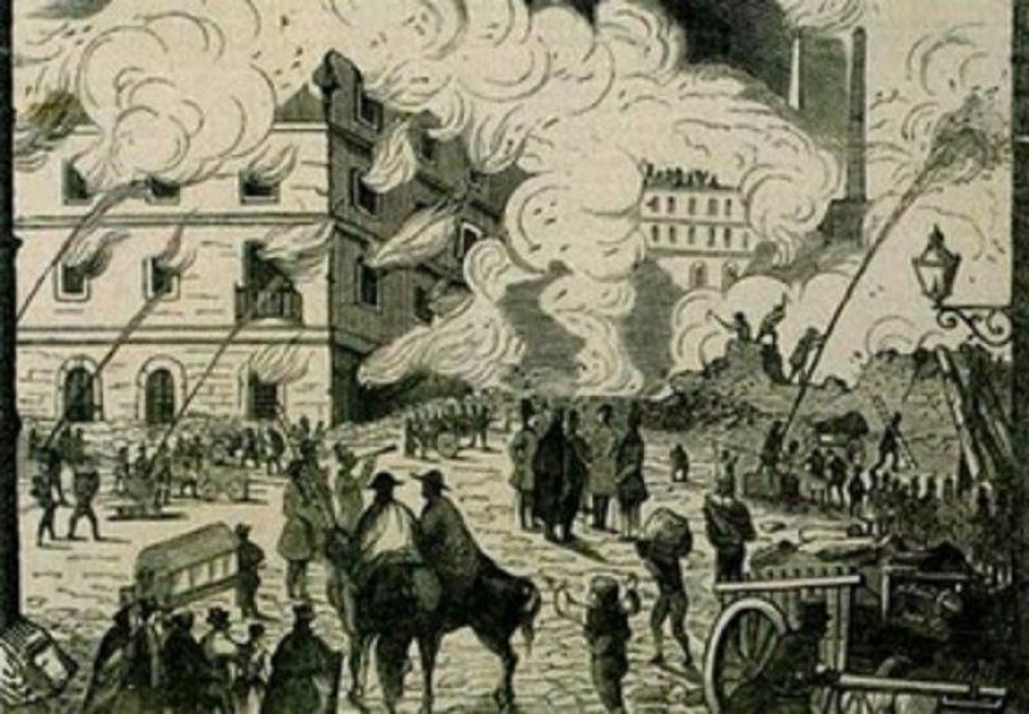 Gravat que representa l'incendi de la Fàbrica Bonaplata (1835). Font Wikimedia Commons