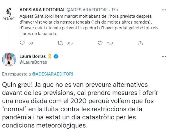 Captura tuit Laura Borras Sant Jordi Captura tuit Laura Borras Sant Jordi