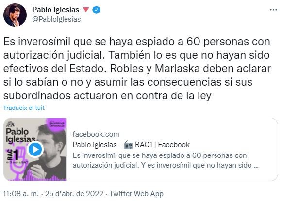 TUIT Pablo Iglesias sobre CatalanGate, espionaje con Pegasus