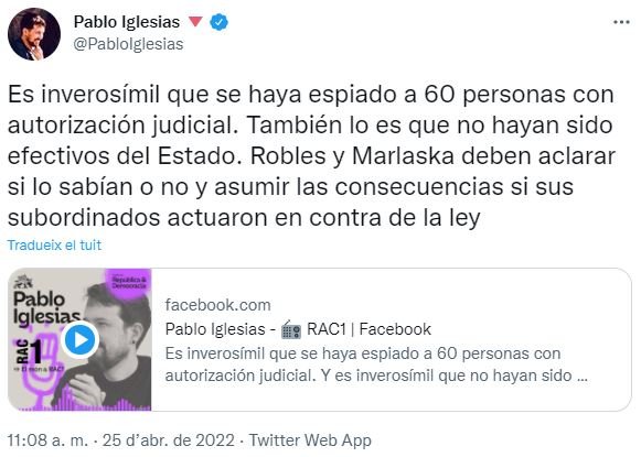 TUIT Pablo Iglesias sobre CatalanGate, espionaje con Pegasus TUIT Pablo Iglesias sobre CatalanGate, espionaje con Pegasus