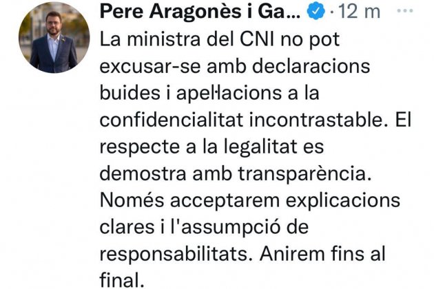 captura tuit Pere Aragones CatalanGate