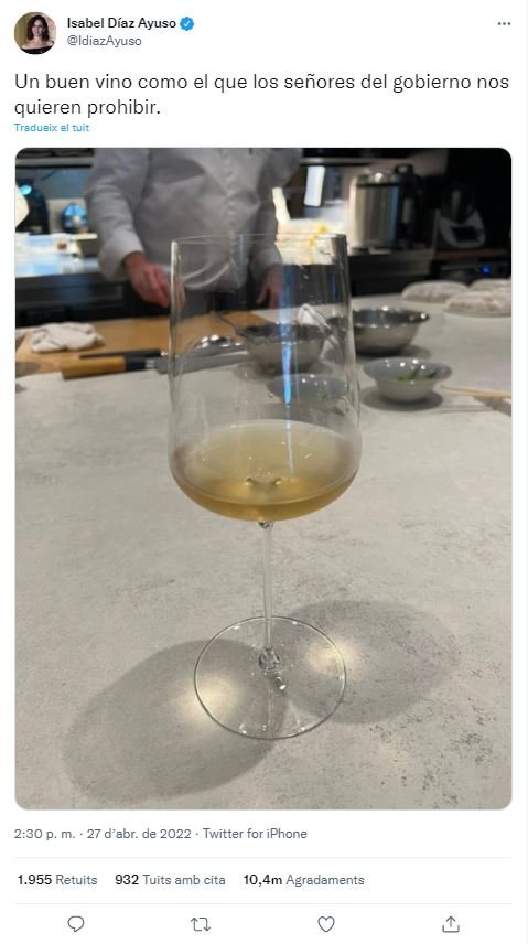 TUIT isabel díaz ayuso prohibición bebidas alcohólicas menús restaurantes