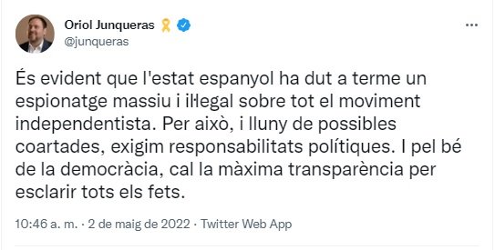 TUIT junqueras anuncio espionaje Pedro Sanchez TUIT junqueras anuncio espionaje Pedro Sanchez