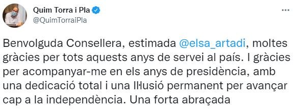 TUIT Quim Torra sobre Elsa Artadi TUIT Quim Torra sobre Elsa Artadi