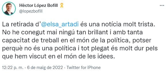 TUIT Héctor López Bofill sobre Elsa Artadi TUIT Héctor López Bofill sobre Elsa Artadi