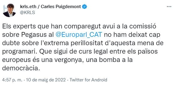 TUIT Carles Puigdemont sobre espionaje cono Pegasus