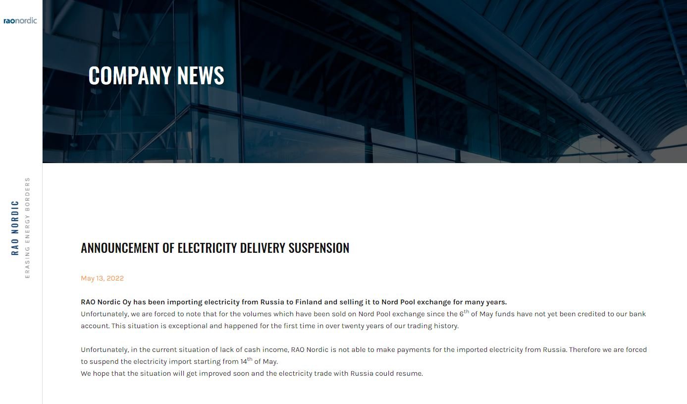 Comunicado de corte de suministro eléctrico de Rusia en Finlandia Captura de pantalla