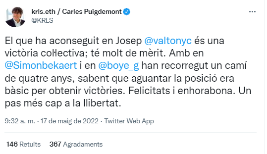 Tuit de Carles Puigdemont Tuit de Carles Puigdemont