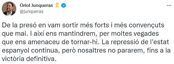 TUIT Oriol Junqueras sobre la revisión de los indultos TUIT Oriol Junqueras sobre la revisión de los indultos