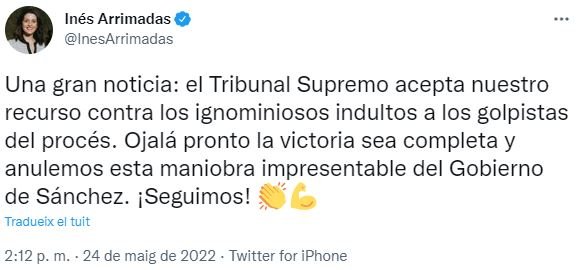 Tuit Inés Arrimadas sobre la revisión de los indultos Tuit Inés Arrimadas sobre la revisión de los indultos