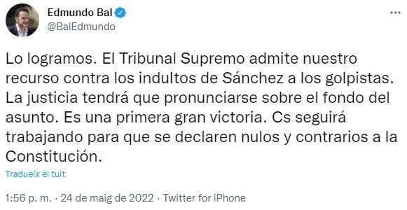 Tuit Edmundo Bal sobre la revisión de los indultos