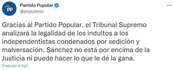 TUIT PP sobre la revisión de los indultos TUIT PP sobre la revisión de los indultos