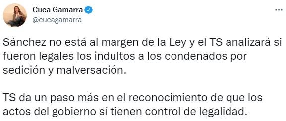 Tuit Cuca Gamarra sobre la revisión de los indultos Tuit Cuca Gamarra sobre la revisión de los indultos