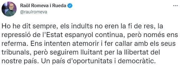 TUIT Raül Romeva sobre la revisión de los indultos