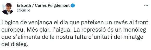 TUIT Carles Puigdemont sobre la revisión de los indultos