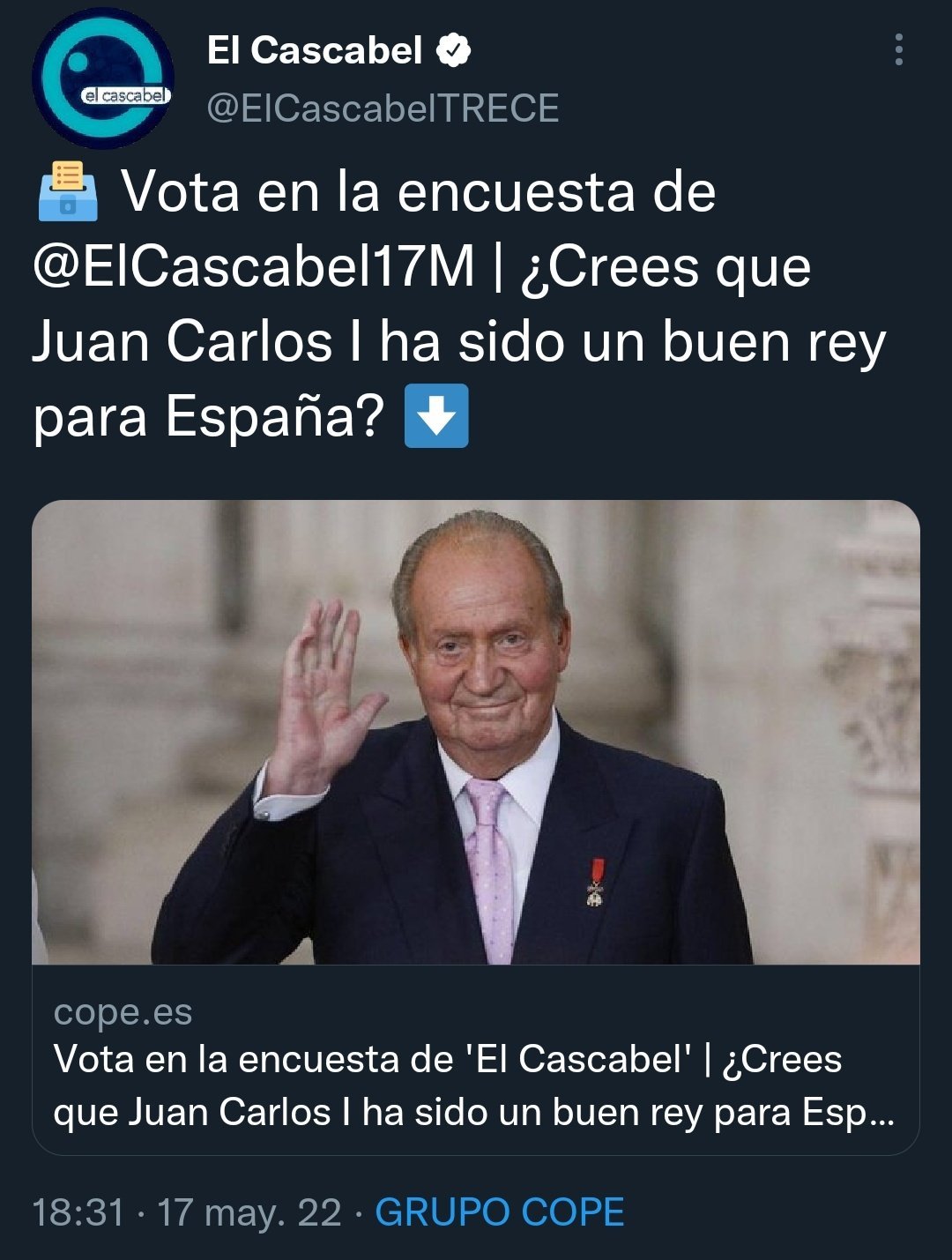 pregunta encuesta Juan Carlos Trece TV Twitter