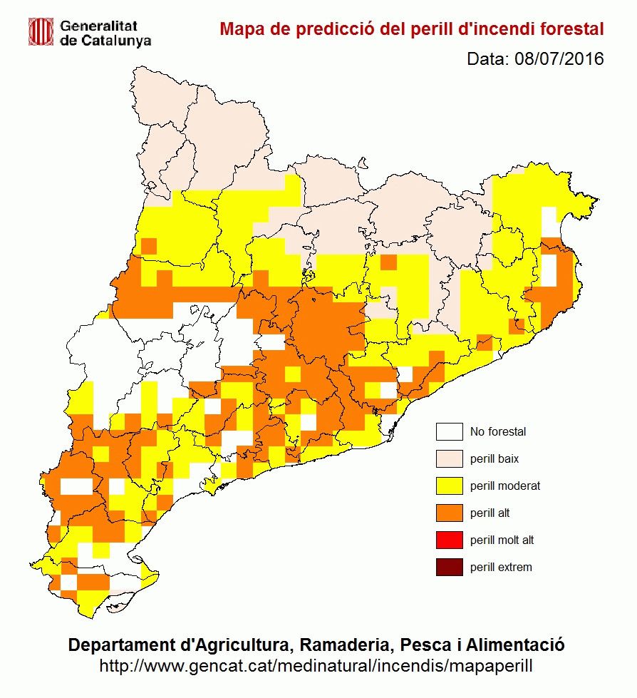 Perill d’incendi forestal alt a tot Catalunya excepte al Pirineu i Prepirineu